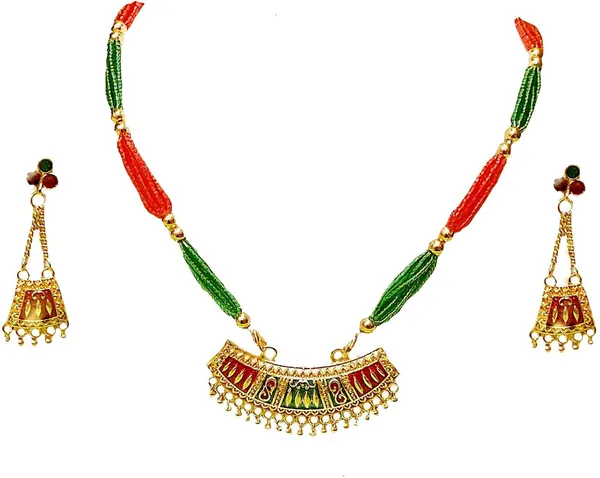 Assamese_Traditional_Gold_Plated_Red_Green_Colour_Tassel_Jewellery_Set_For_Women